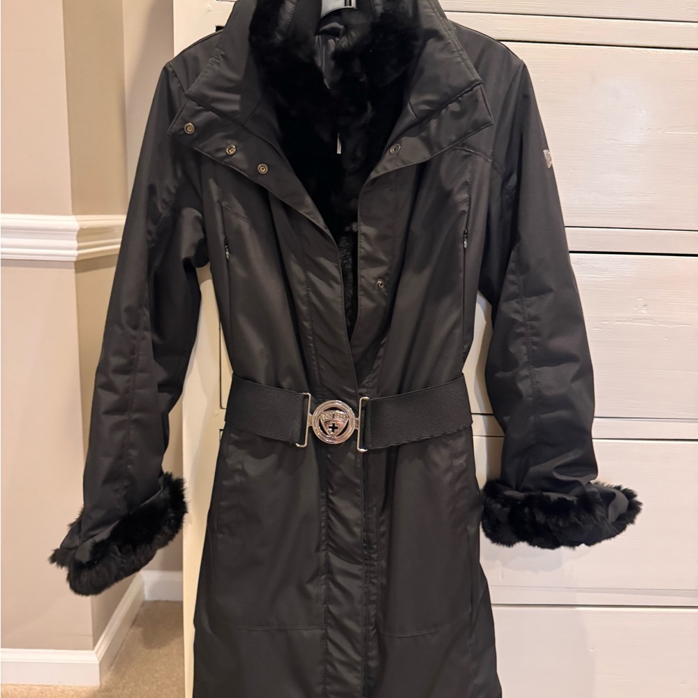 Women's Black Fur-Trimmed Coat- Postcard